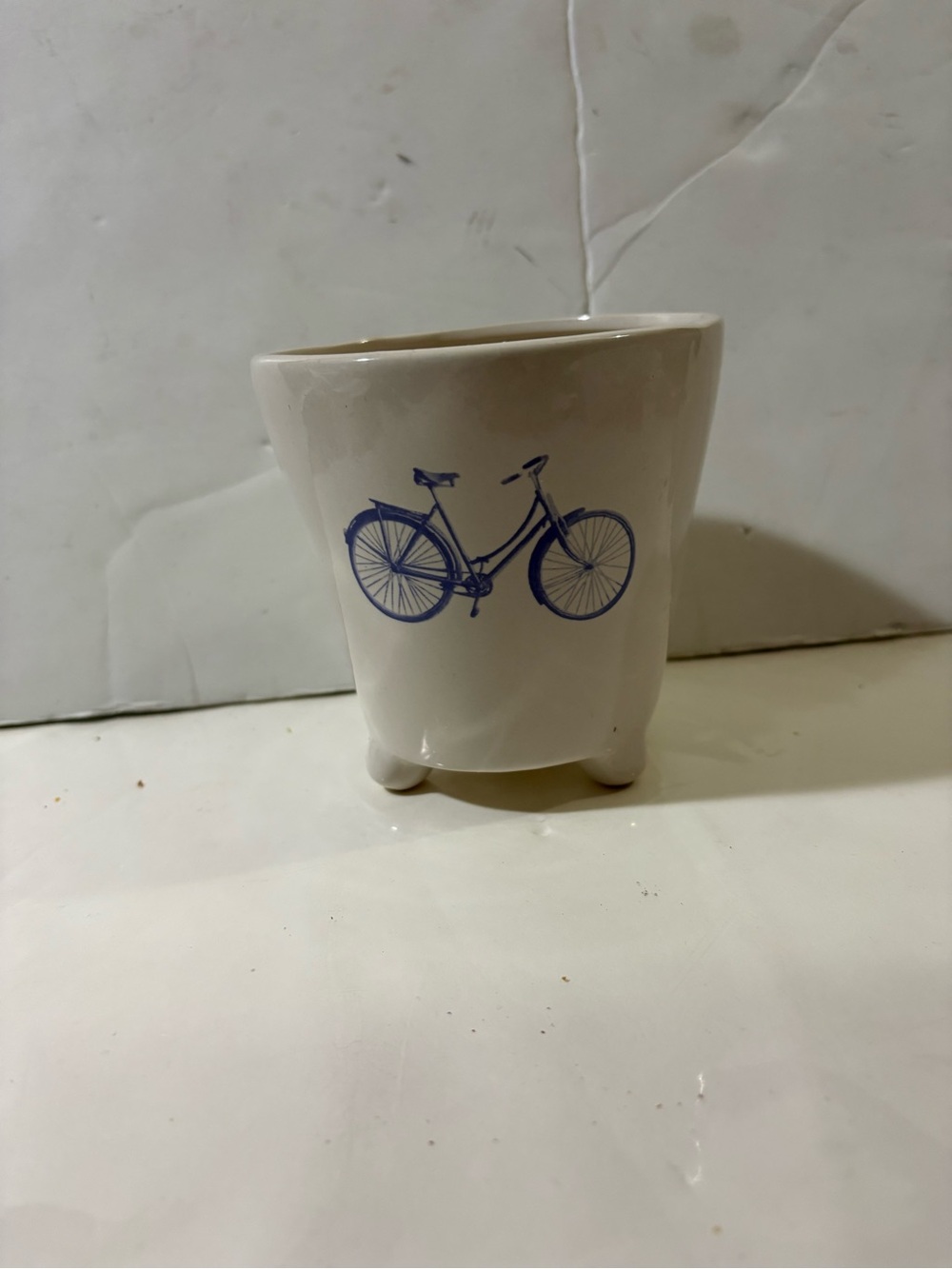 Ceramic White Planter with Blue Bicycle Print